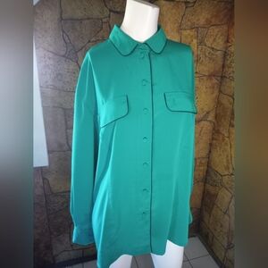 Teal Jobis Button-Up Blouse with Black Trim
